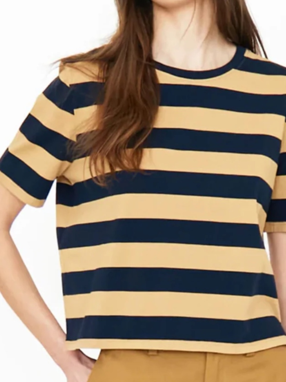 KULE | Striped Cropped Navy/Tan T-shirt – Size Small